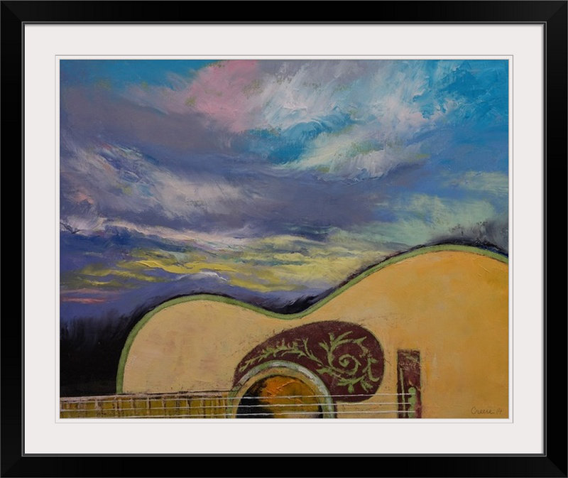 «Anjlee Sunset Guitare» par Michael Creese - reproduction d'art, H 24 po x l 28 po x P 1 po, Cadre noir