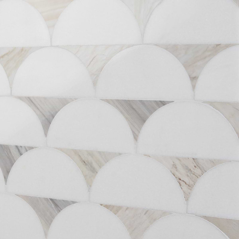 Moonrise 9x12 Half Moon Polished Thassos Marble Waterjet Mosaic Tile, Beige Sabbia