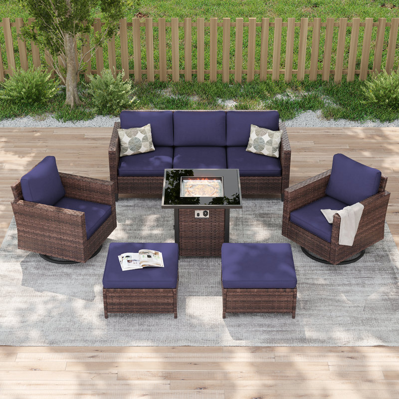 Ensemble de canapés de patio 6 pièces avec table de foyer 28 po, chaises berçantes pivotantes en osier de rotin PE pour patio, terrasse et cour