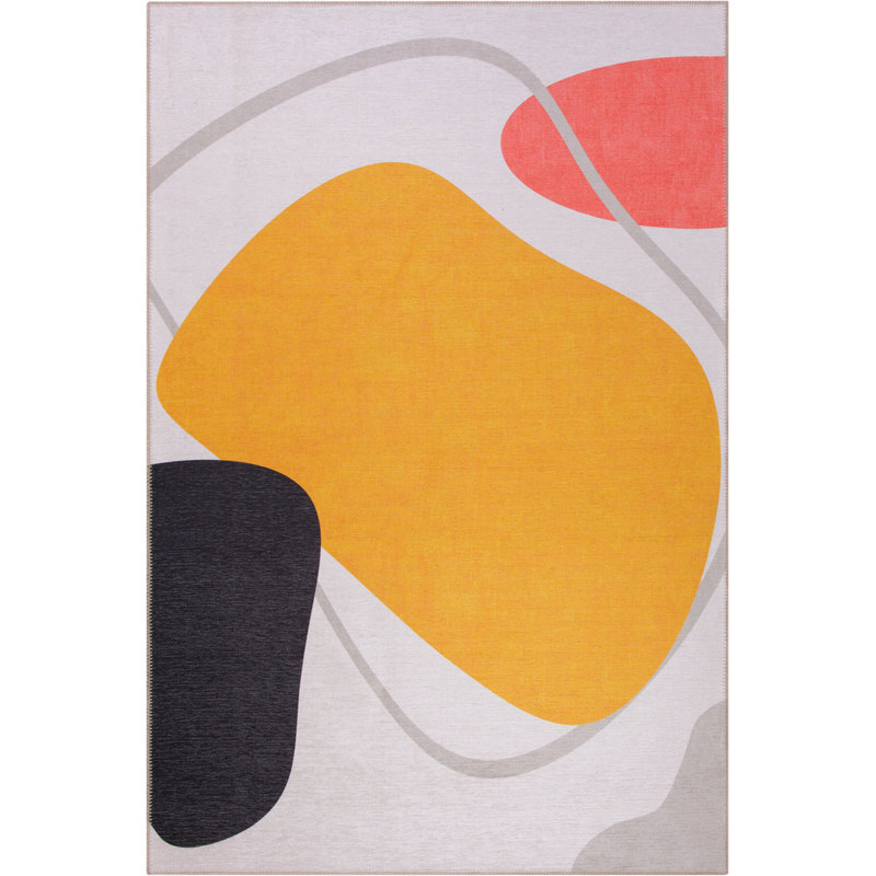 Tapis décoratif jaune, beige, rouge, noir et géométrique, Rectangle 3 pi 10 po x 5 pi 3 po