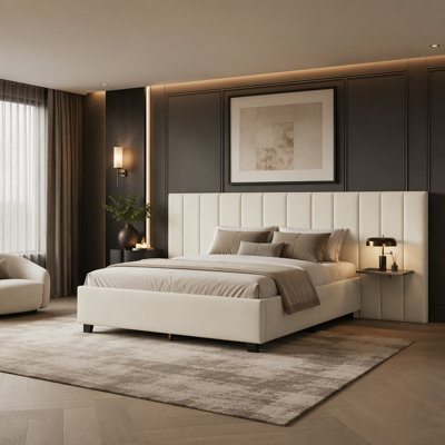 Grand lit plateforme tapissier avec grande tête de lit, mobilier de chambre à coucher, velours, beige