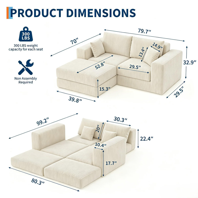 Canapé modulaire en chenille, siège à nuage en forme de L, Beige