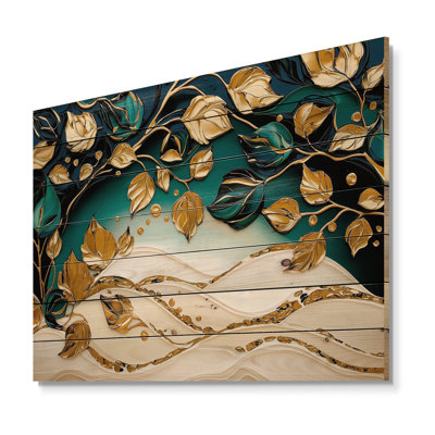 Emerald Embrace Of Golden Leaves III - Art mural en bois traditionnel sur bois de pin naturel