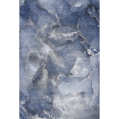 3' X 5' Navy Blue And Ivory Abstract Washable Area Rug With UV Protection