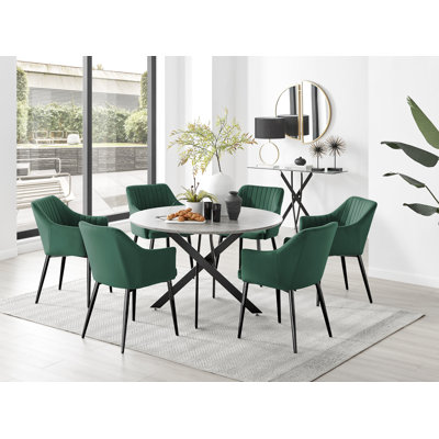 Tierra Modern Chrome Metal & Glass Round Dining Table Set with 6 Luxury Button Velvet Chairs