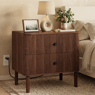 Seyla 24" Nightstands with Rounded Corners & Solid Wood Legs, Charging Station, 2 Drawers End Table with Storage, Mid Century Modern Fluted Bedside Table for Bedroom
