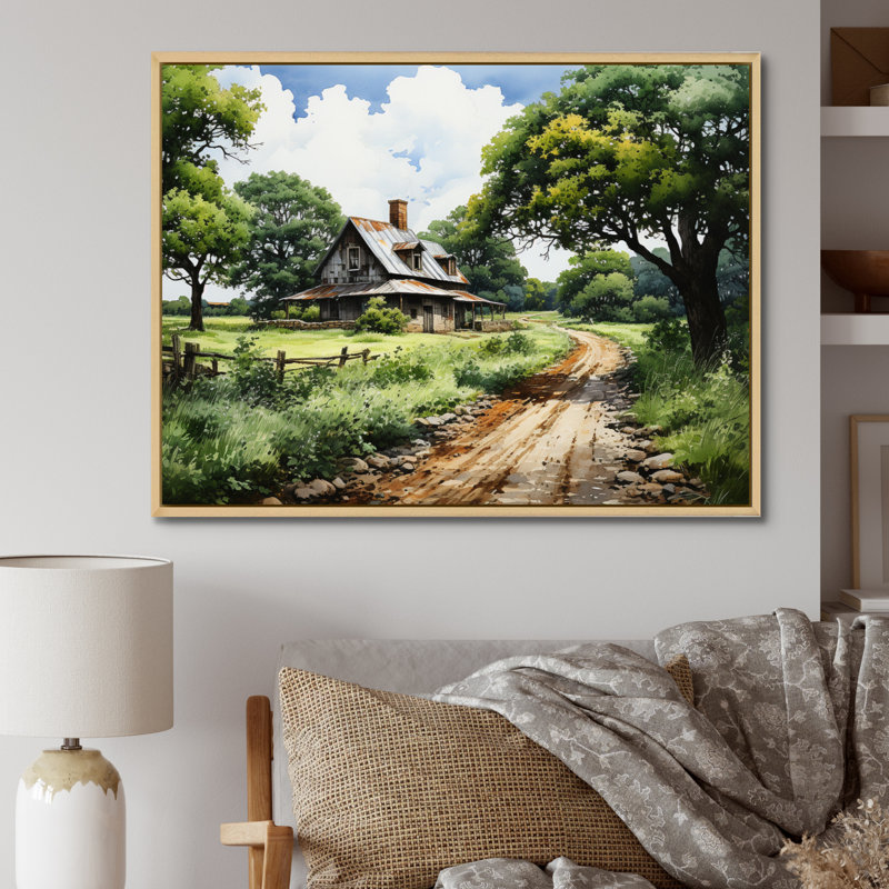 Farmhouse Natures Embrace Pointillism - impression, Cadre naturel flottant, H 16 po x l 32 po x P 1 po