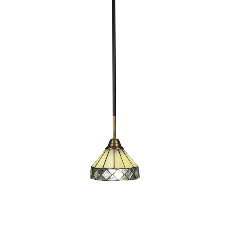 Luminaire suspendu en forme de tige en noir mat et en laiton avec verre à losanges de 7 po Achen