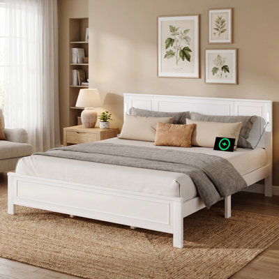 76.6" King Size Wooden Bed Frame Built-in LED Lights and USB Charging Station, White