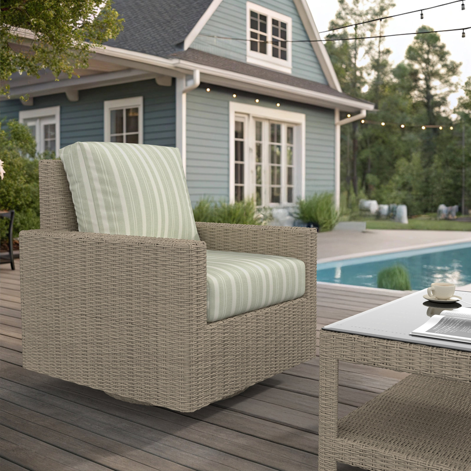 Outdoor Swivel Chair With Sunbrella Cushions, Striped, Tranquil Sage