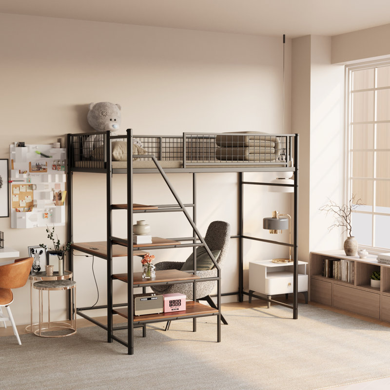 Twin Metal Loft Bed With Desk, LED Lights & Charging Station,USB, Black