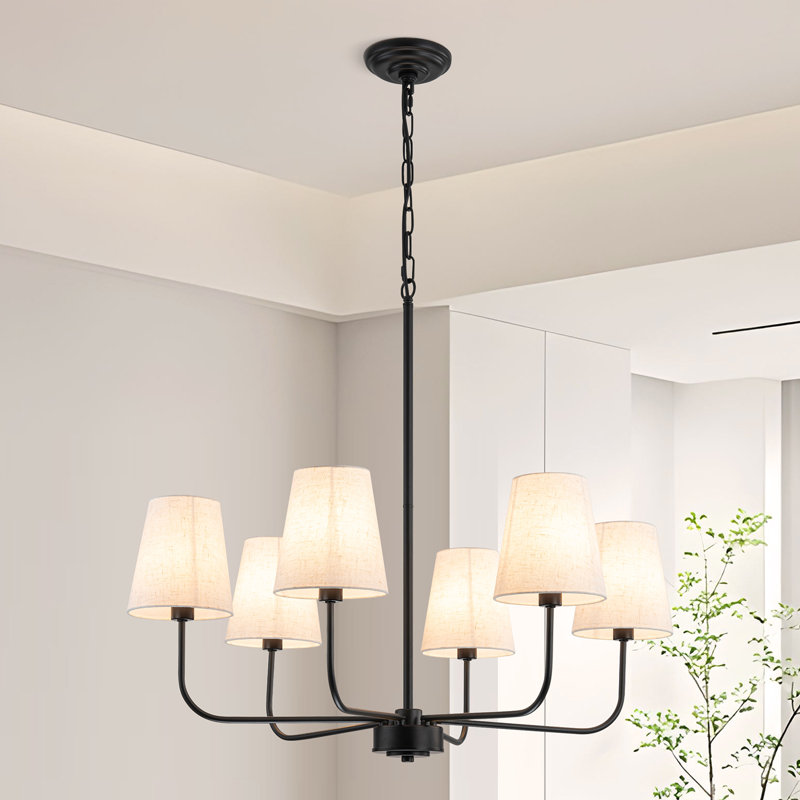 Velora 6-light Metal Chandelier With White Linen Shades, Matte Black