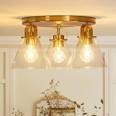 3 - Light Cluster Flush Mount With Bell Clear Glass Shade
