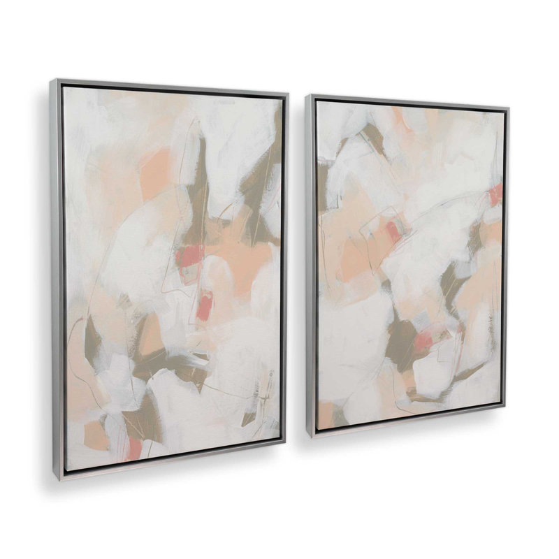 Ensemble de 2 motifs abstraits roses feutrés, Cadre flottant en chrome poli, H 49 po x l 66 po