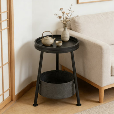 Table d'appoint ronde avec panier de rangement et plateau supérieur - Table de bout compacte avec bac en tissu, structure en bois durable et en métal pour la chambre à coucher, le salon et les petits espaces