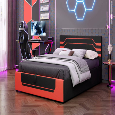 Cadre de lit de jeu moderne avec rangement hydraulique, conception Esports avec esthétique Cyberpunk, lit plateforme pour les joueurs et les jeunes de la génération Z
