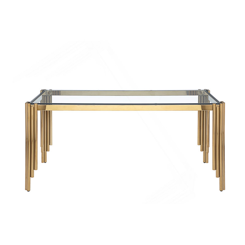 Table de salle à manger rectangulaire en verre de 65 po, plateau en verre trempé et pieds dorés polis, table de style moderne pour la maison et la cuisine. Salle à manger