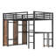 Grand lit mezzanine en métal avec garde-robe intégrée, bureau et tablettes de rangement, structure de lit mezzanine à grain de bois peu encombrant