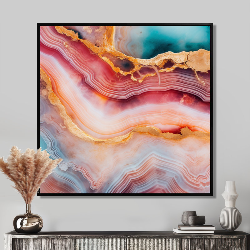 Agate, turquoise, or, rouge, marbre, art mural, salon, H 16 po x l 16 po, Cadre flottant noir