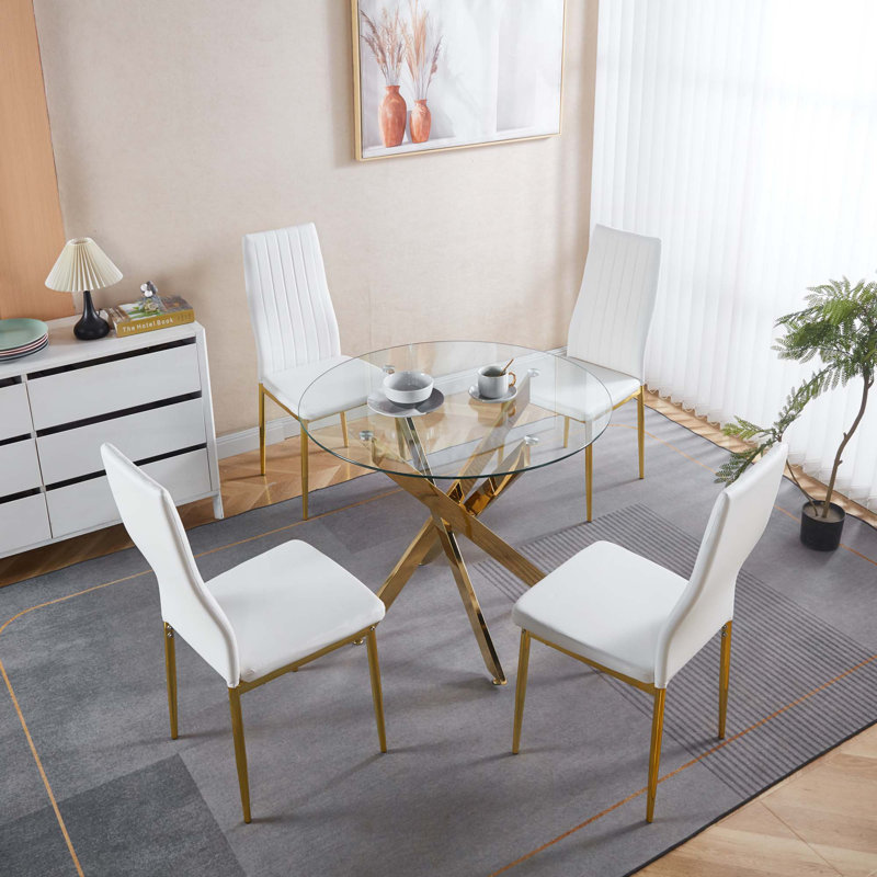 Ensemble de salle à manger 1 + 4,5 pièces, table de salle à manger à pieds en métal Mid-Century pour 4-6 personnes avec plateau en verre, table de salle à manger à piédestal, table basse de loisirs