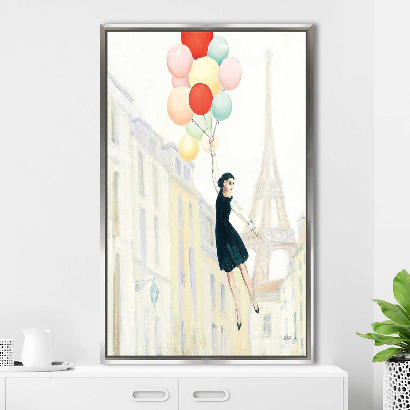 Aloft In Paris II par Julia Purinton - Peinture, Cadre flottant argent, H 43,5 po x l 27,5 po x P 2 po