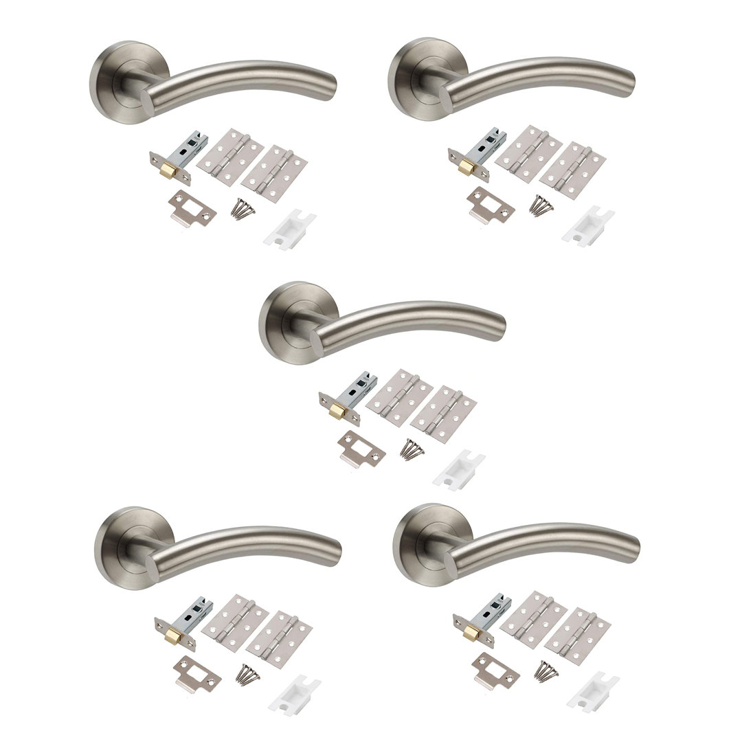 Golden Grace 5 Sets Arched T-Bar Door Handles on Round Rose in Satin Nickel Finish with Latch and Ball Bearing Hinges