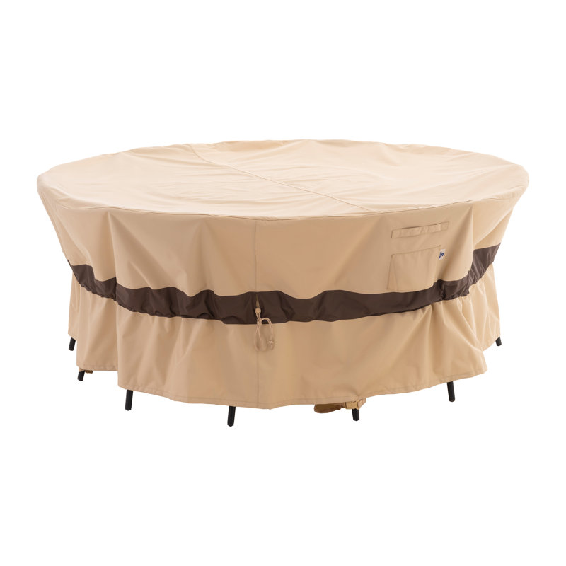  Waterproof Outdoor Patio Table Cover, 110"DIA x 31"H, Heavy Duty Rip Stop, 3 Year Warranty, Beige/Coffee