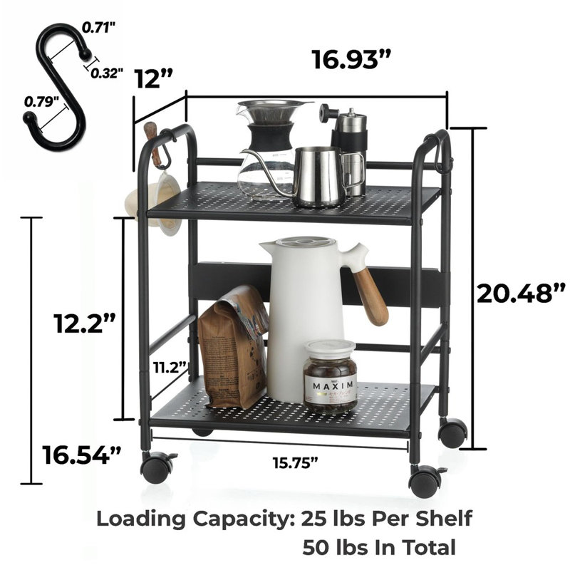 2‑Tier Compact Metal Rolling Cart, Under‑Desk Mobile Storage Organizer With Wheels