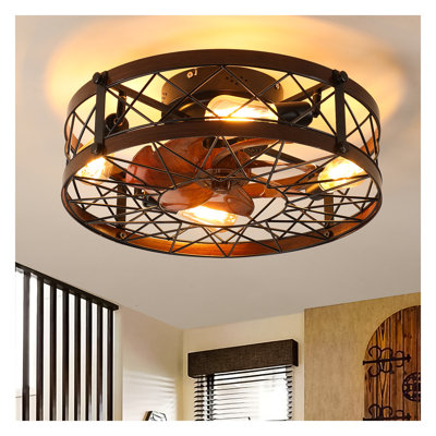 20 Inch Caged Ceiling Fan with Light Black, Farmhouse Flush Mount Ceiling Fan, Small Reversible Ceiling Fan Light Fixture for Bedroom Living Room (Includes 5 E26 Bulbs)