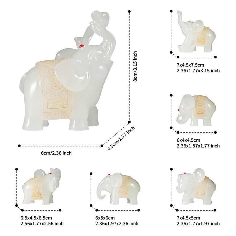 6-Piece White Jade-Look Elephant Figurines Set with Gold Patterns - Lucky Feng Shui Animal Statues Home Decor, White