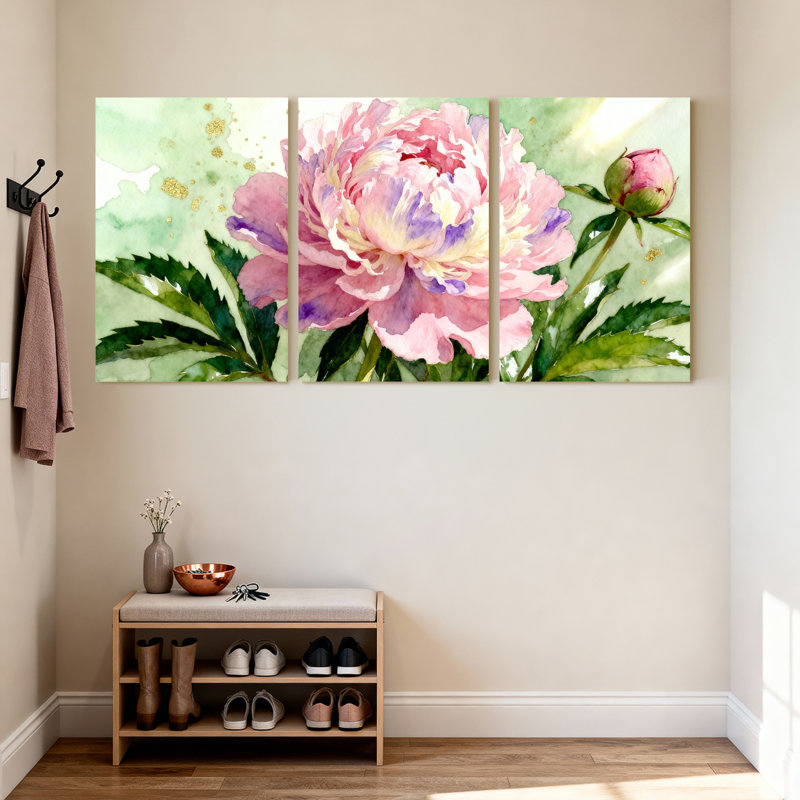 Pivoine fleur peinture à l'aquarelle sur toile tendue ensemble de 3 panneaux pour salon chambre à coucher, H 18 po x l 36 po