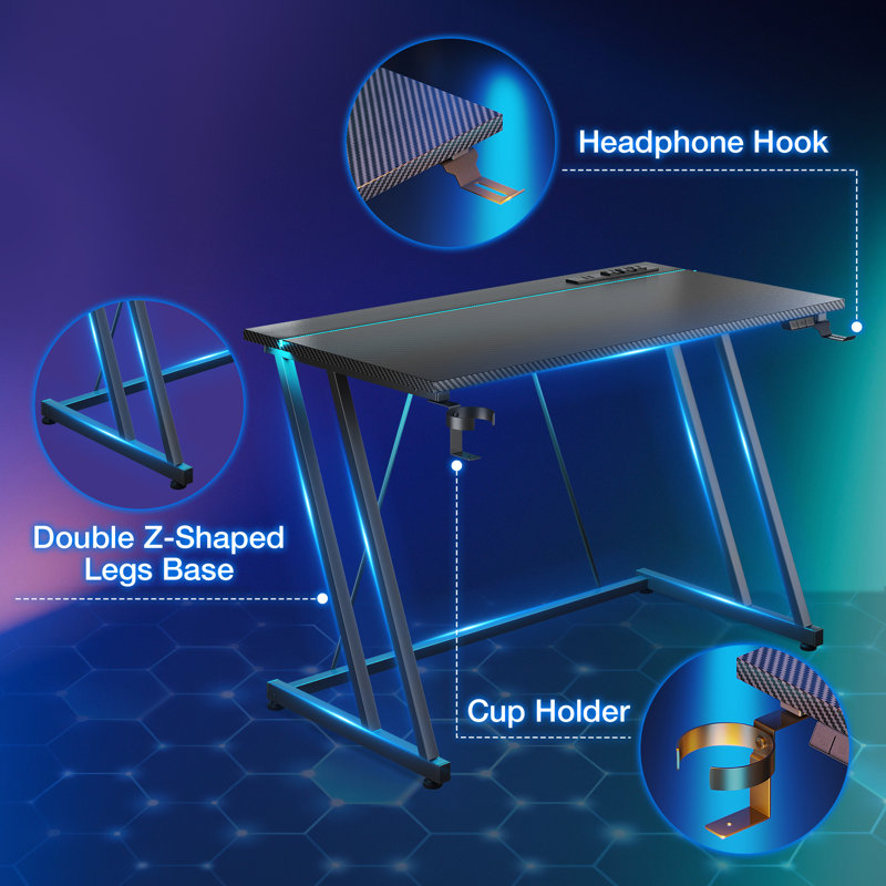 Gaming Desk With Recessed Led Lights, Computer Desk With Reversible Led Lights Controller, Home Office Desk With Built-in Power Outlets,writing Desk With Cup Holder And Iron Hook