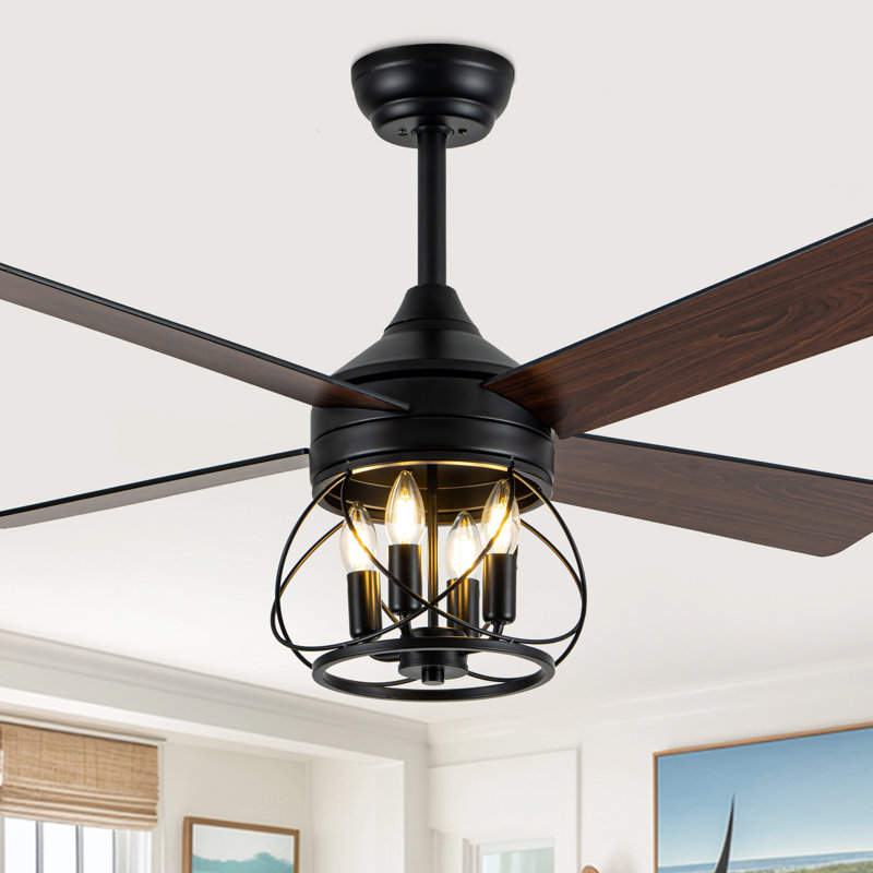52'' Farmhouse Caged Ceiling Fan With Lights And Remote, 4 Dual Finish Wood Blades Reversible DC Motor Ceiling Fan For Porch