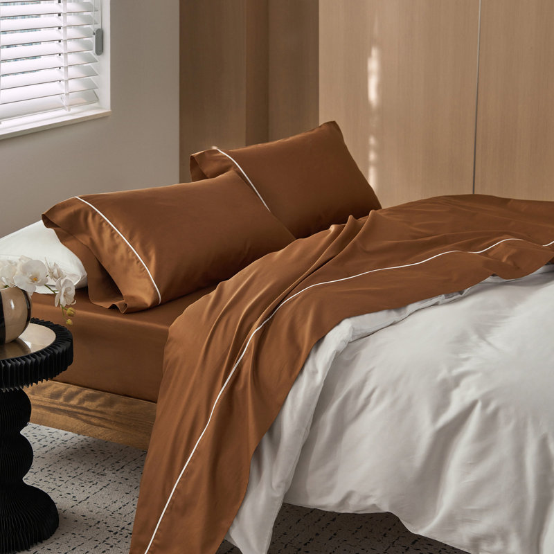 MooMee Sheet Set 600TC 100% Long-Staple Cotton Silky Sateen Look, King Sheet Set with 2 King Pillowcases, Dark Orange
