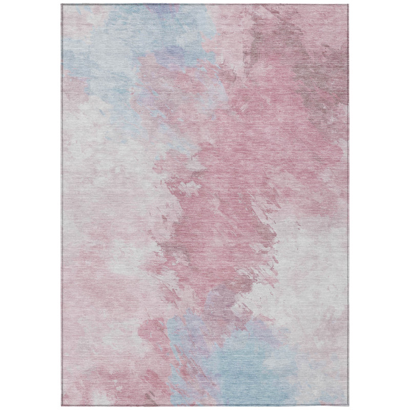3' X 5' Blush Ivory And Blue Abstract Washable Indoor Outdoor Area Rug
