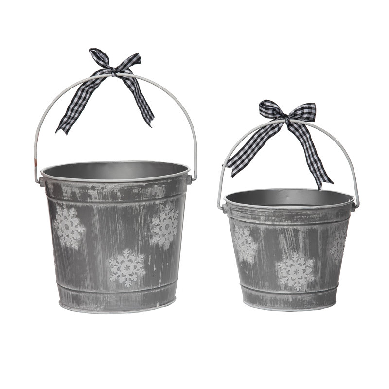  Metal 8.25 in. Gray Christmas Snowflake Buckets with Bow Set of 2