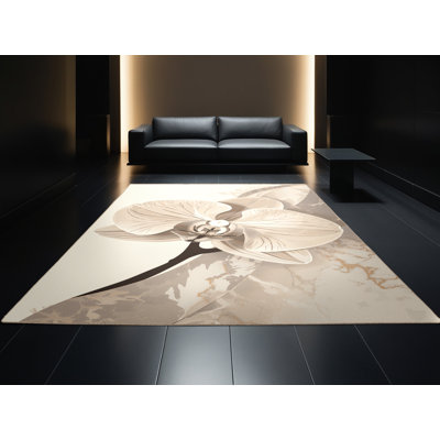 Tapis beige luxueux orchidée lavable à la machine - reliure beige