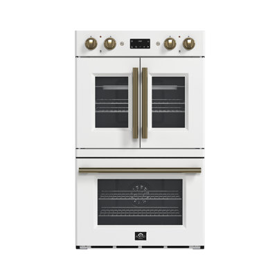 Four mural électrique double de 30 pouces Forno Asti avec portes françaises supérieures en blanc ou noir et laiton antique, 7,36 pieds cubes Double convection véritable, 7 200 W, friture à l'air, sous vide, autonettoyant