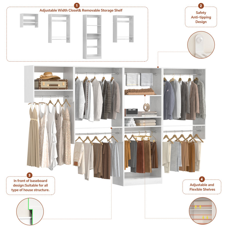 119.4" W Walk In Closet System with Shelf, White