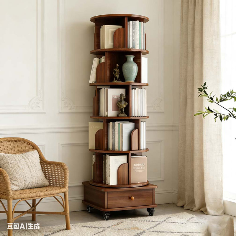 Bibliothèque rotative avec tiroir, bibliothèque d'angle à 6 niveaux à 360 degrés pour étagères, bibliothèque sur pied, Noyer