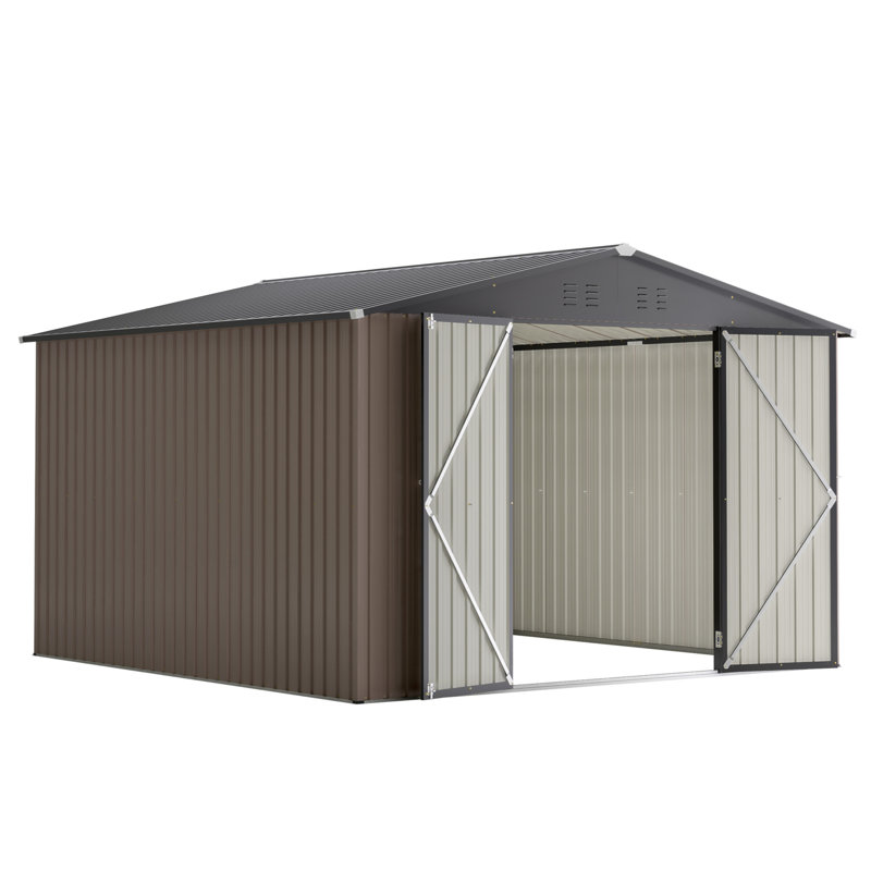 10' x 10' Brown Metal Garden Storage Shed with Double Doors