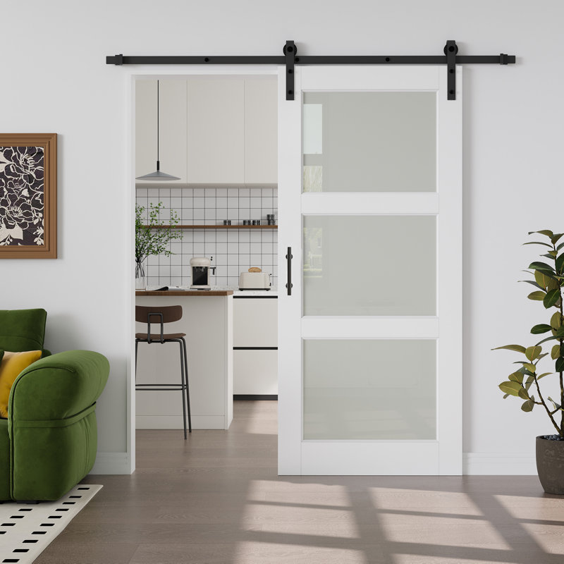 Porte de grange en verre givré 3-Lite, Avec poignée double face, Sans fermeture en douceur, 36 po x 84 po