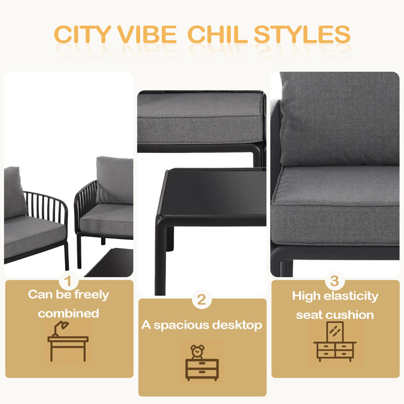 Ensemble de conversation pour patio 5 pièces, ensemble de mobilier modulaire d'extérieur moderne avec table basse carrée, siège profond à coussin épais imperméable pour porche