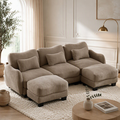 Chenille U-Shaped Sofa with 3 Exquisite Waist Pillows, Oversized 3-Seater Sectional with 2 Movable Ottomans , Ergonomic Curved Design, Easy to Assemble Modular Couch for Living Room Office,Coffee