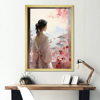 Arbre rose, femme japonaise vue de fenêtre III - Japon, art mural