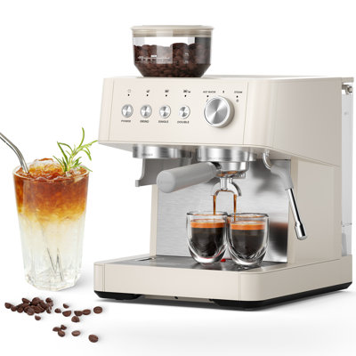15 Bar Espresso Machine with Grinder, Professional Coffee Maker with Milk Frother, Hot Water Function, Removable Water Tank, White
