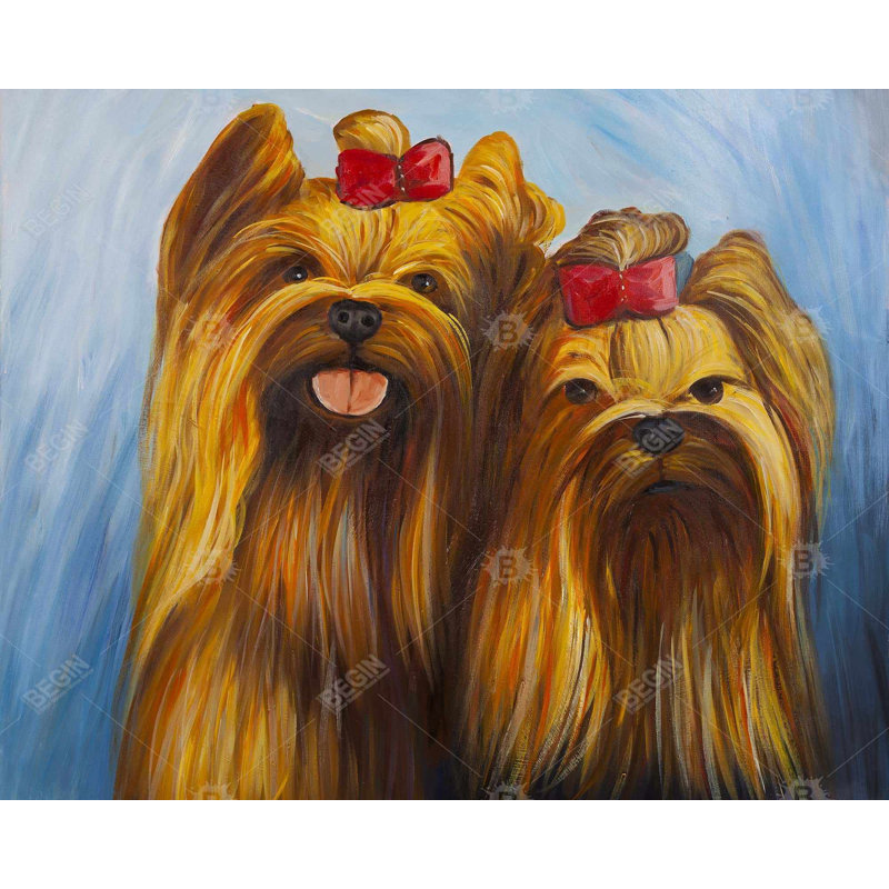 Deux chiens souriants avec nœud papillon - Art sur toile encadrée bleue, H 61,25 po x l 49,25 po