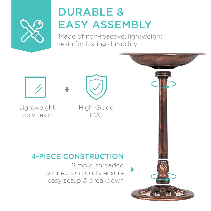 Copper Antique Finish Pedestal Bird Bath with Fleur-de-Lis Accents
