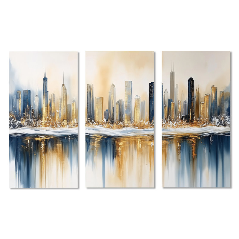 «Chicago Winter Cityscape - Blue Skyline», art mural encadré 3 pièces, H 32 po x l 48 po, Toile tendue