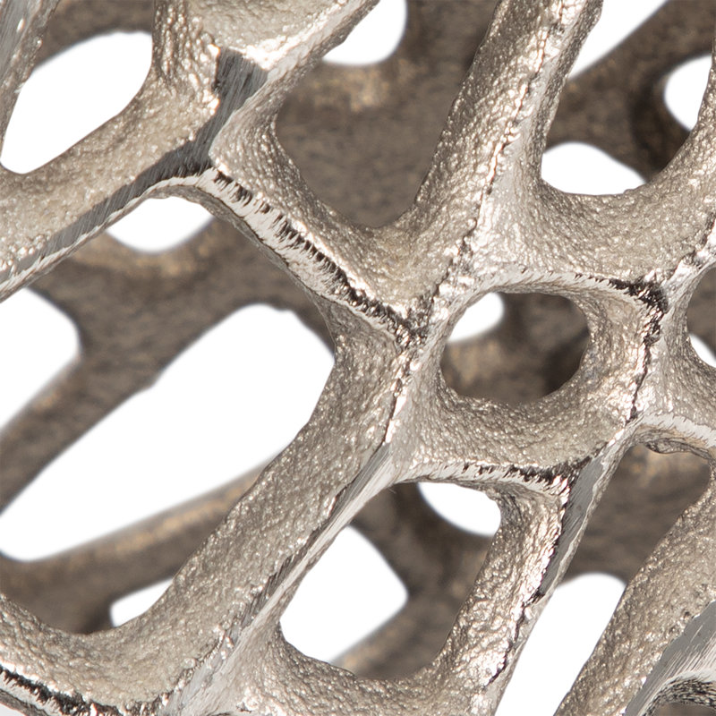 Decorative Aluminum Vase with Organic Cutout Design Sculptural Metal Accent Piece Modern Abstract Openwork Motif Freestanding Etched Detailing Artisan Style Vase Contemporary Home Decor Element.